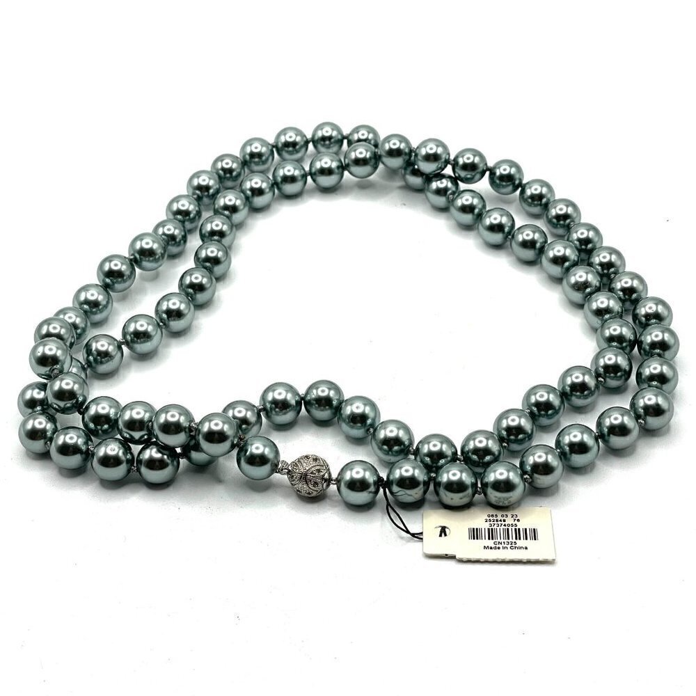 NWT Talbots 10MM Grey Faux Pearl Strand Necklace Fancy Pave Ball Clasp 40" L